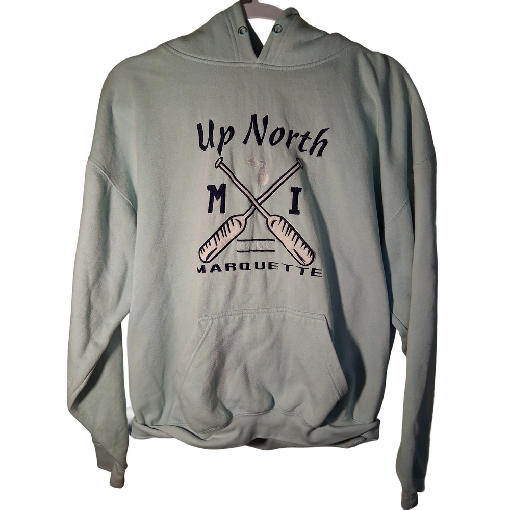 Up North MI Marquette Hoodie Pullover Sweatshirt Light Blue Unisex Large Canoe